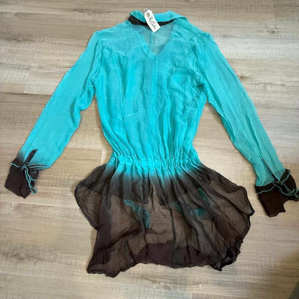 Vintage Silk Sonia Fortuna Turquoise Brown Ombre Ruffle Tunic Blouse Size Small - Picture 6 of 6